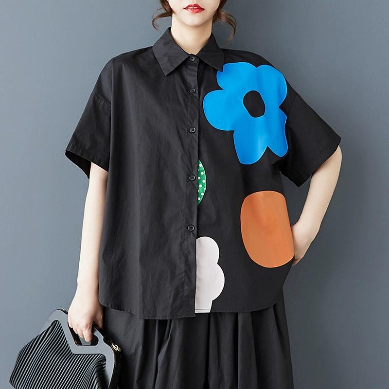 DIMANAF Plus Size New Summer Style Blouse Vintage Design Short Sleeve Print Casual Shirt Women Loose Shirt Print Shirt