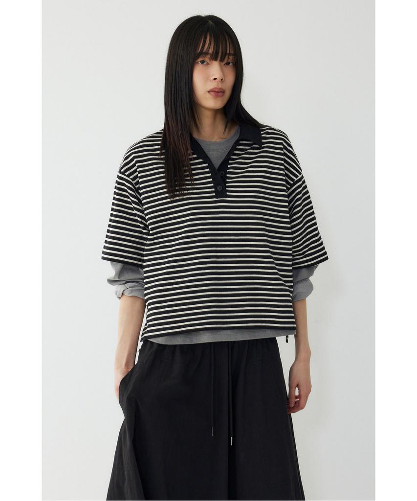 STUDIO TOMBOY Striped Semi-Crop Collar Short Sleeve T-Shirt _Black 9176322999