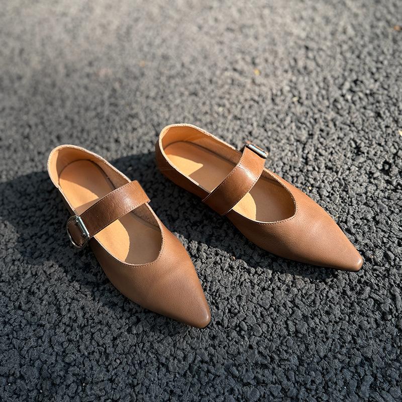 Johnature Retro Mary Jane Pointed Toe Women's Shoes Versatile Genuine Leather Soft Soled Flat Shoes