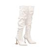 2025 New Stiletto Pointed  Leather Boots Women Toe White Heeled Knee Boots  Heel Side zipper Thigh Gigh Booties