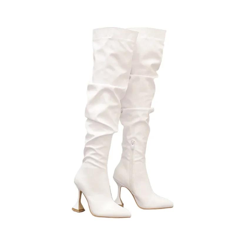 2025 New Stiletto Pointed  Leather Boots Women Toe White Heeled Knee Boots  Heel Side zipper Thigh Gigh Booties