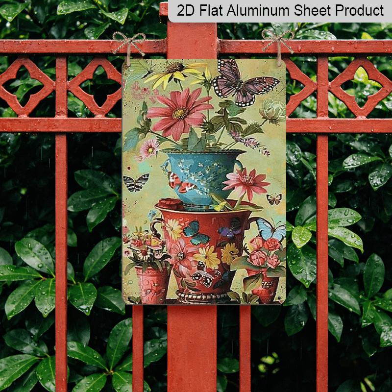 2D Flat Vintage Metal Wall Sign Suitable for Home, Office, Bar, Cafe - Rustic Aluminium Floral & Butterfly Film Carved Panel, 8x12 Inch