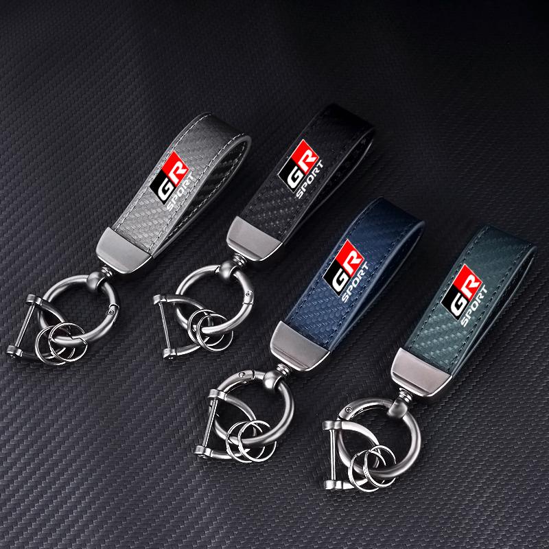 Carbon fiber Car Keychain Key Ring Metal Leather For Toyota GR Sport Gazoo Racing Yaris 86 Corolla Hilux Supra C-HR Accessories