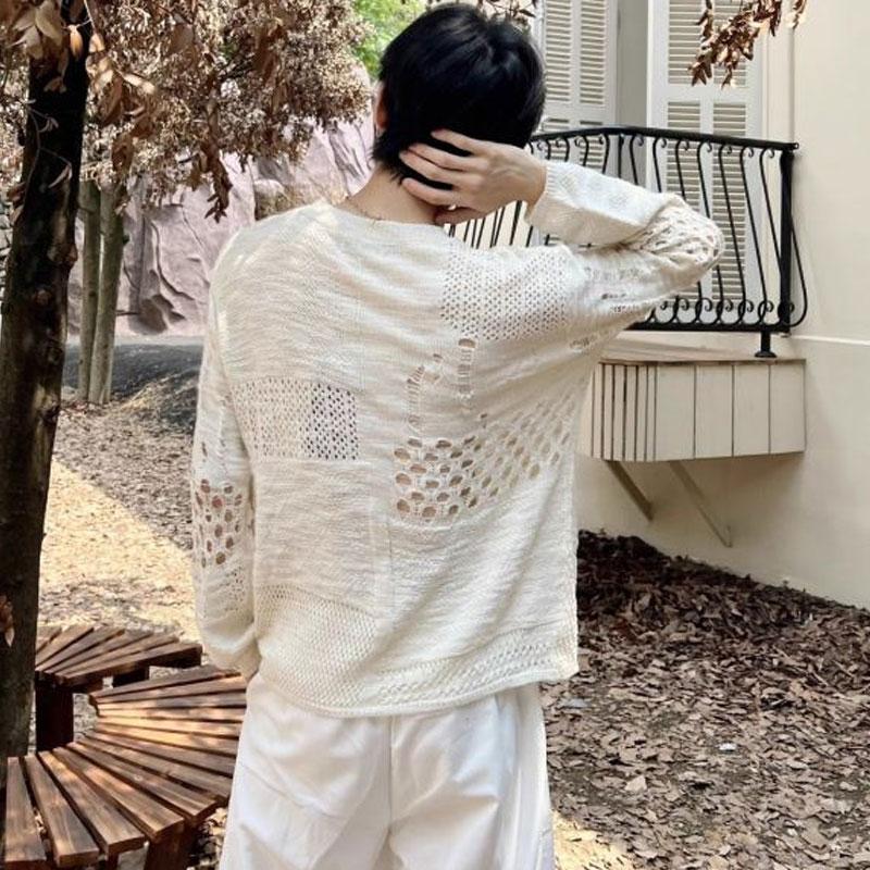 Japan Style Vintage Hole Irregular Sweaters Autumn Winter Stylish Hollow Out Men's Clothing Solid Color Casual Knitted Pullovers