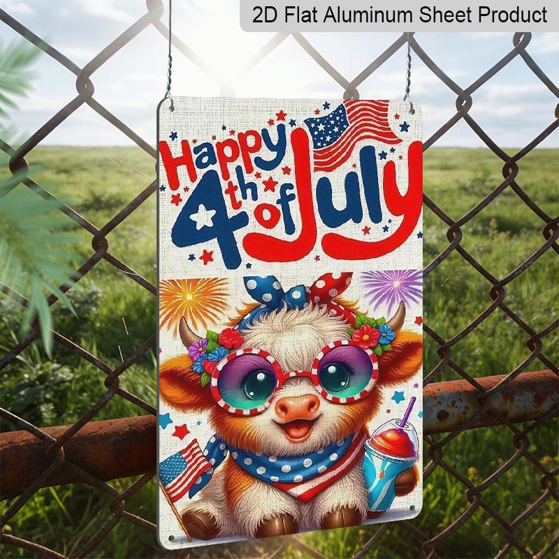 2D Flat 1pc Patriotic Metal Sign, Aluminium Metal Wall Decor, Cute Cow with American Flag Fashion Glasses & Fireworks Design | 12x8 Inch Outdoor