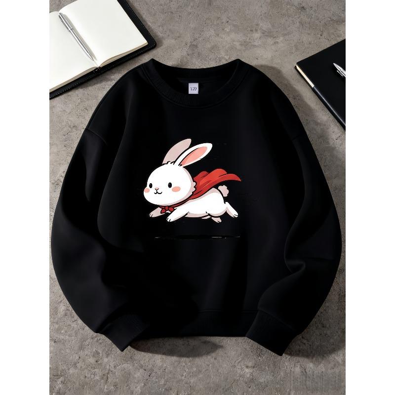 Kids Unisex Crewneck Sweatshirt, Cute Flying Super Bunny Red Cape Cartoon Print Long Sleeve Pullover, Soft Sweatshirt for Boys Girls Over 4 Years Old