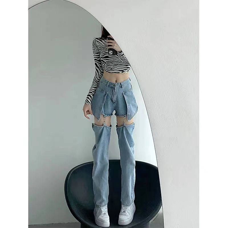 High Street Straight Fake Two Ripped Jeans Summer Women Blue Washed Zipper Removable Fashion High Waist Thin Loose Denim Pants