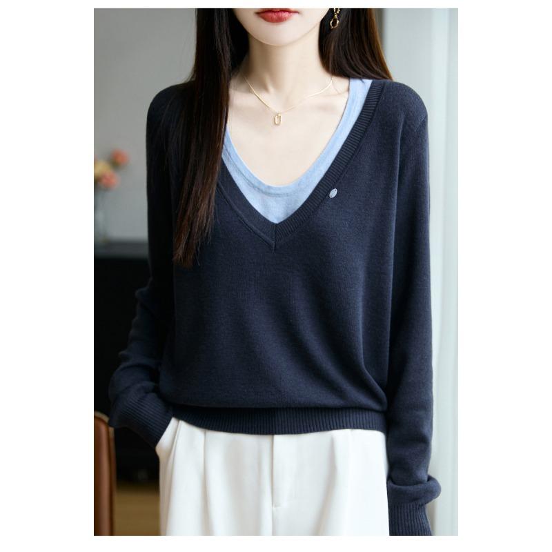 Women S V Neck Fake Two Piece Knit Sweater Long Sleeve Casual Top