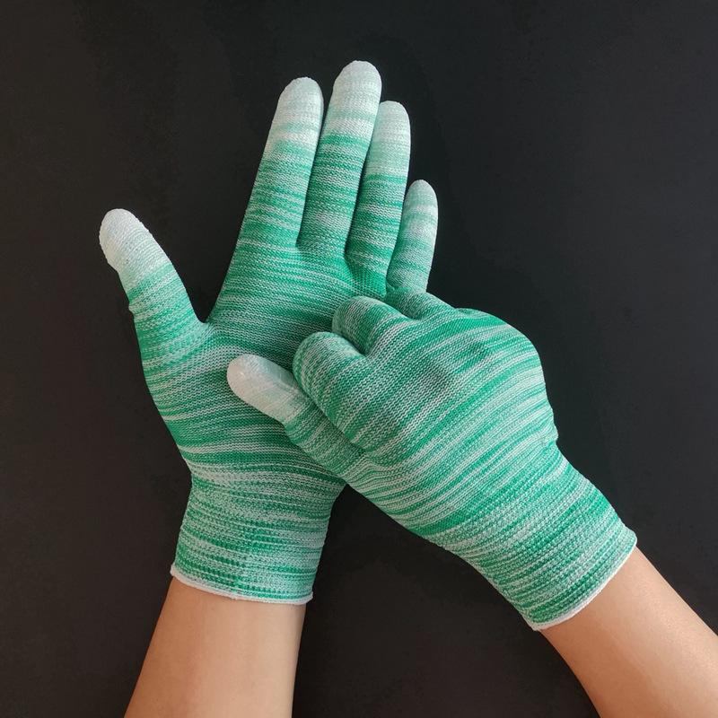 White 13-Gauge Striped PU-Coated Anti-Slip Finger Gloves, Wear-Resistant, General Purpose, Labor Protection. Green Striped Dipped Finger Gloves - S