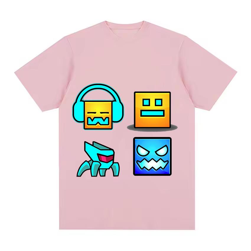 Angry Geometry Dash T-shirt Cute Cartoon T-shirt Girls' and Boys' Casual Polyester Short Sleeve Tops Children's Birthday Gift