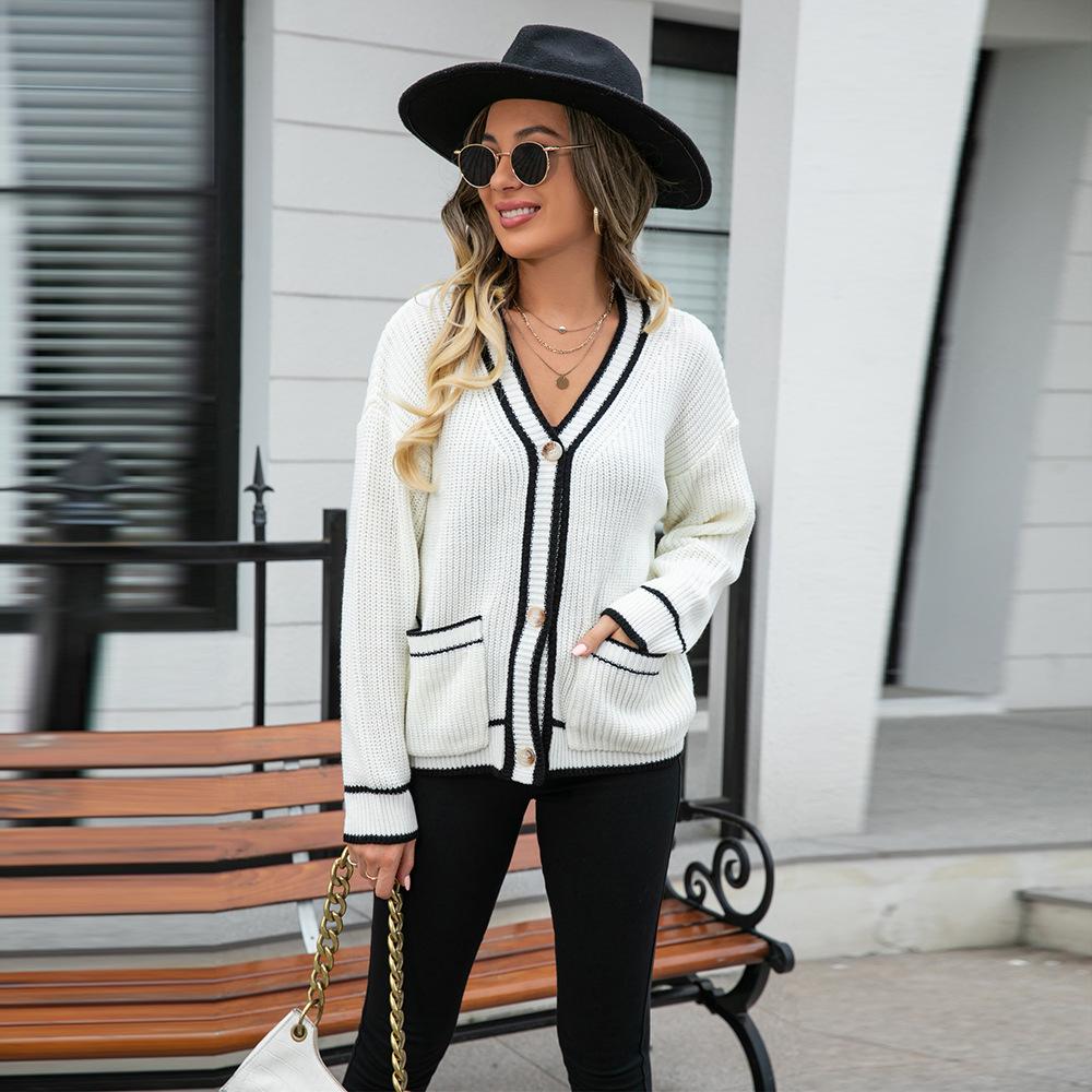2023 Women's Casual Sweater Large Size Color Matching Pocket Coat V-neck Loose Sweater