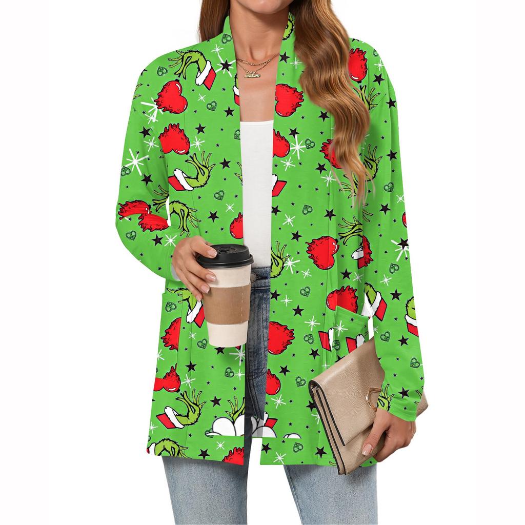 Women's Christmas Printed Lightweight Cardigan Long Sleeved Casual Loose Thin Fit With Pockets Cardigan Jacket