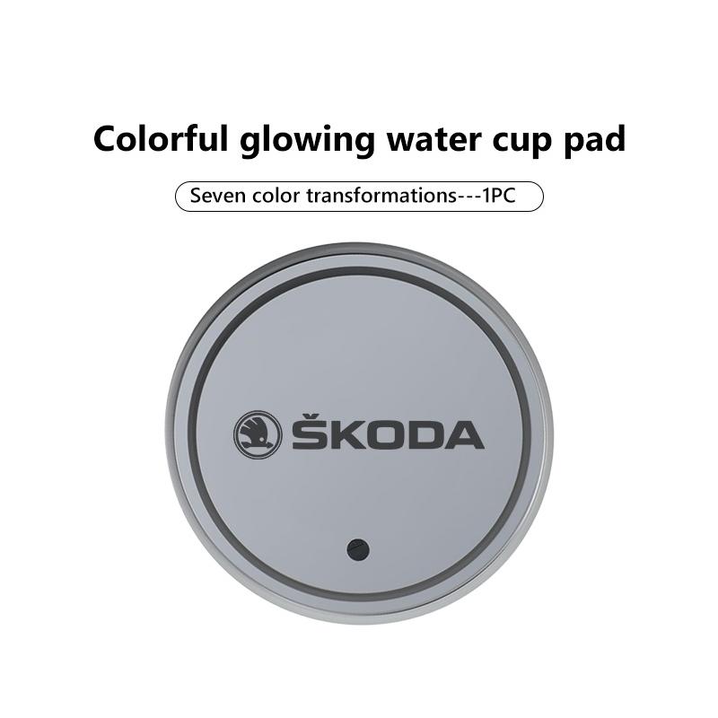 AAABS1 For Skoda Led Car Badge Emblem Drink Cup Holder Logo Light USB Charging Luminous Coaster Kodiaq Octavia 2 3 Rapid Karoq Fabia