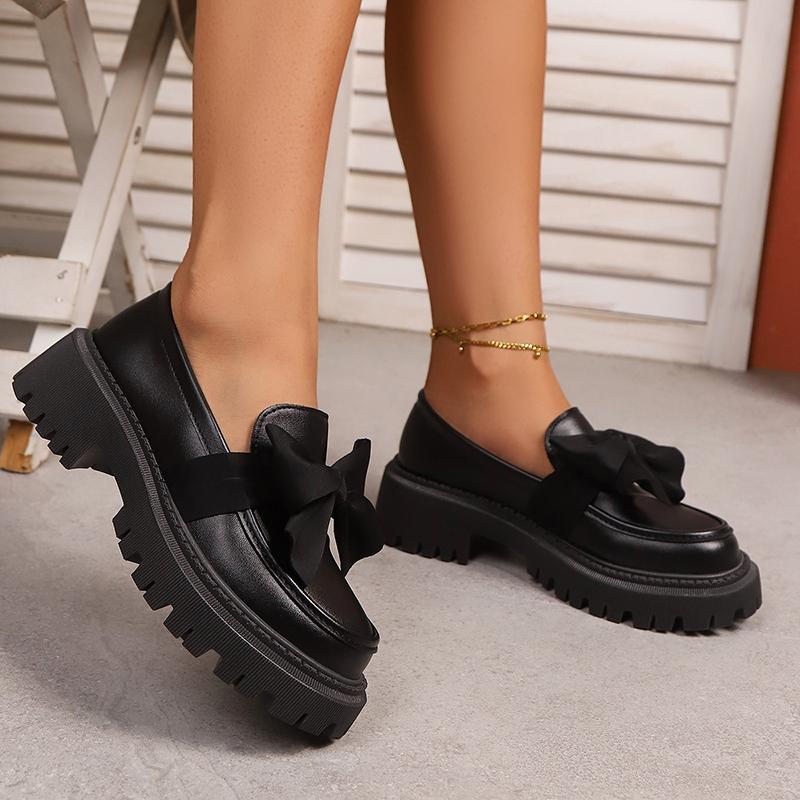 Fashion Bowknot Platform Loafers Women 2025 British Style Thick Bottom Pu Leather Shoes Woman Comfortable Slip On Flats Plus Size 35-42