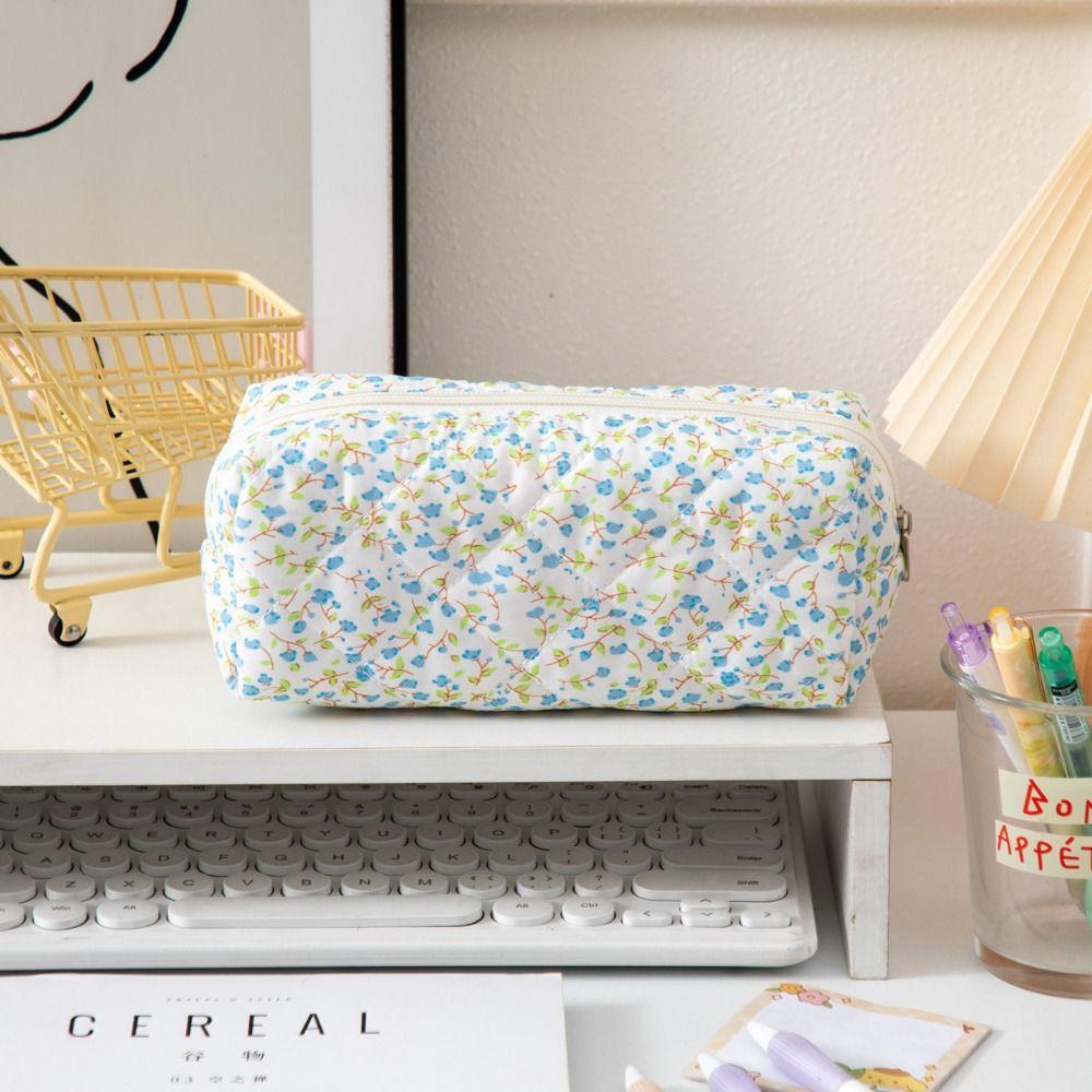 Floral Design Pencil Case Polyester Stationery Organizer Floral Quilted Pen Bag Students Gift