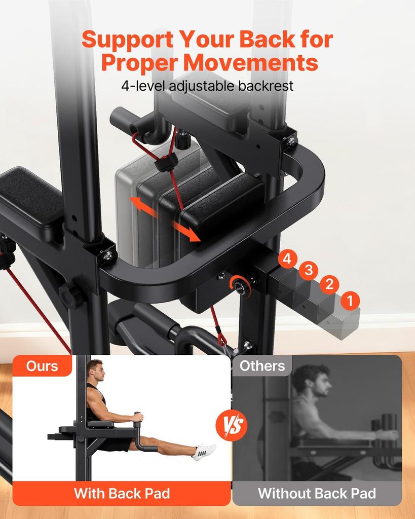 Pull Up Bar, 150kg Power Tower Dip Station, Workout Dip Station with H-Shaped Stable Base & Back Pad, Adjustable 12 Level Height Free Standing Chin Up