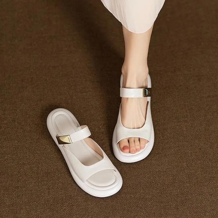 2025 New Women's Minimalist White Slide Sandals - Gold-Tone Buckle Flat Slippers with Cloud Comfort Sole