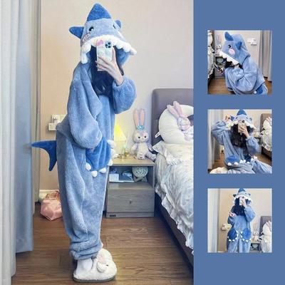 Pigiama con cappuccio da donna con squalo carino, set da notte femminile, carino per feste di Natale, abbigliamento da casa