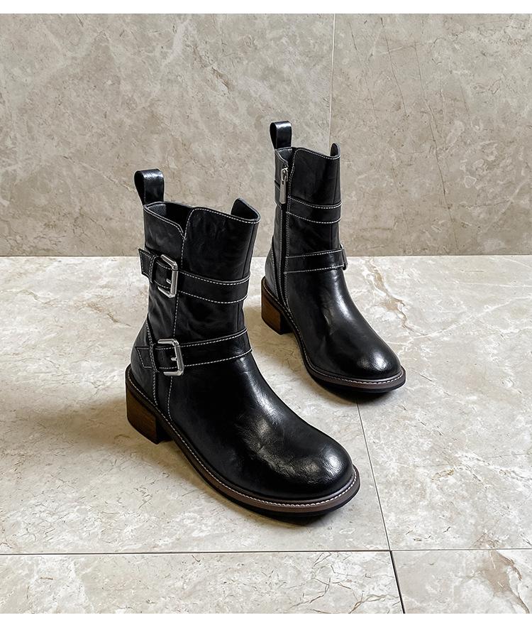 Maillard Retro Distressed Chunky Heel Ankle Boots, Women's Versatile Spring/Autumn Buckle Round Toe Thick Sole Knight Boots