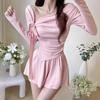 Korean Style Women's Off-Shoulder Bow T-Shirt & Skirt Shorts Set