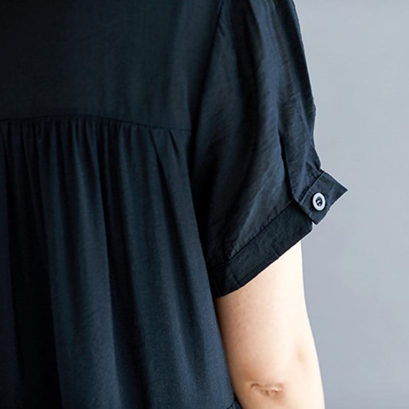 Johnature Solid Color Stand Collar Short Sleeve Button Loose Casual Long Thin Women Dresses Summer Causal Korean Dress