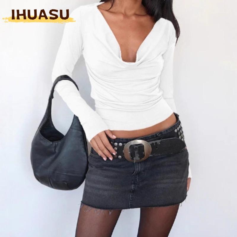 IHUASU Moda Feminina Casual Estampa Lisa Manga Longa Gola V Blusas e Camisas Design Único