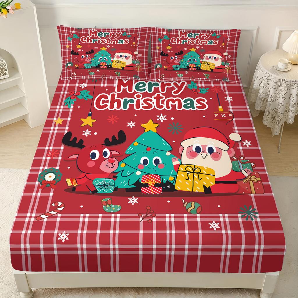 3pcs red checkered Santa Claus print coreless bed sheet set multi size bed cover bedroom bedding decoration machine washable
