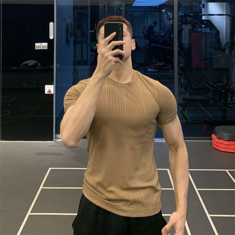 Ice Silk High Elastic Quick-drying Sports Short-sleeved Solid Color Fitness Clothes Men's Tight Round Neck T-shirt