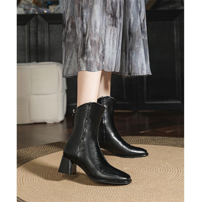 Thick heel short boots women's 2024 new medium boots diagonal brown French small short boots square head high heel thin boots