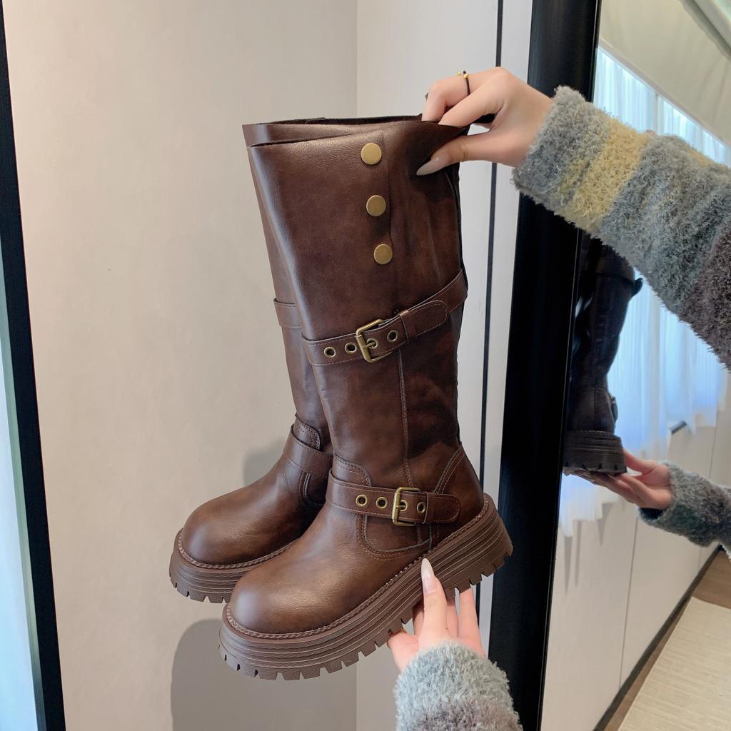 Brown boots Maillard boots women's thick legs 2025 new summer retro two wear thick-soled high knight boots