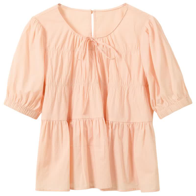 Women's 100% Cotton Solid Round Neck Puff Sleeve Short Doll Blouse