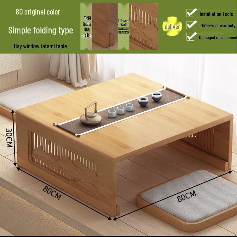 Bamboo Tatami Folding Coffee Table, Japanese-Style Low Table for Windows & Balconies