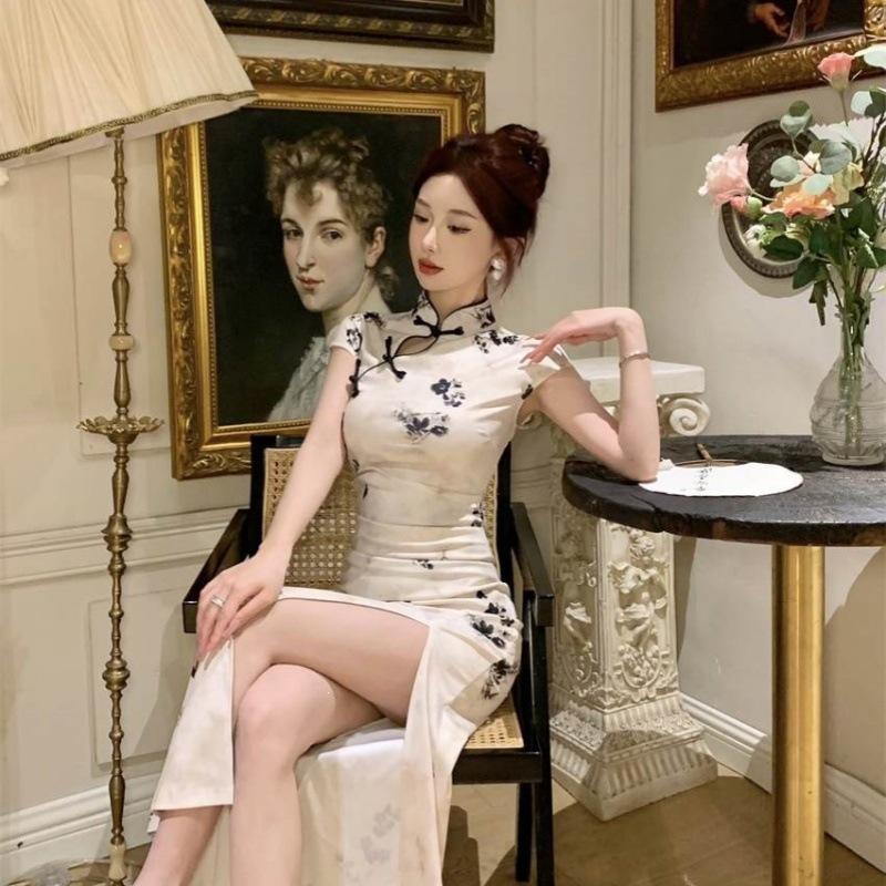New Chinese style national style waist and thin *** stand neck split fork high-end elegant cheongsam slim long hip wrap dress