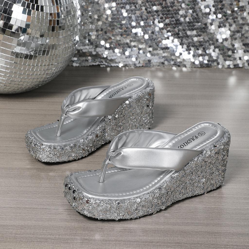 Fashion Women's Platform Sandals Flip Flops Slip-On Summer Thick Bottom High Heels Beach Slippers Sparkling Sequin Shoes Size 35 42
