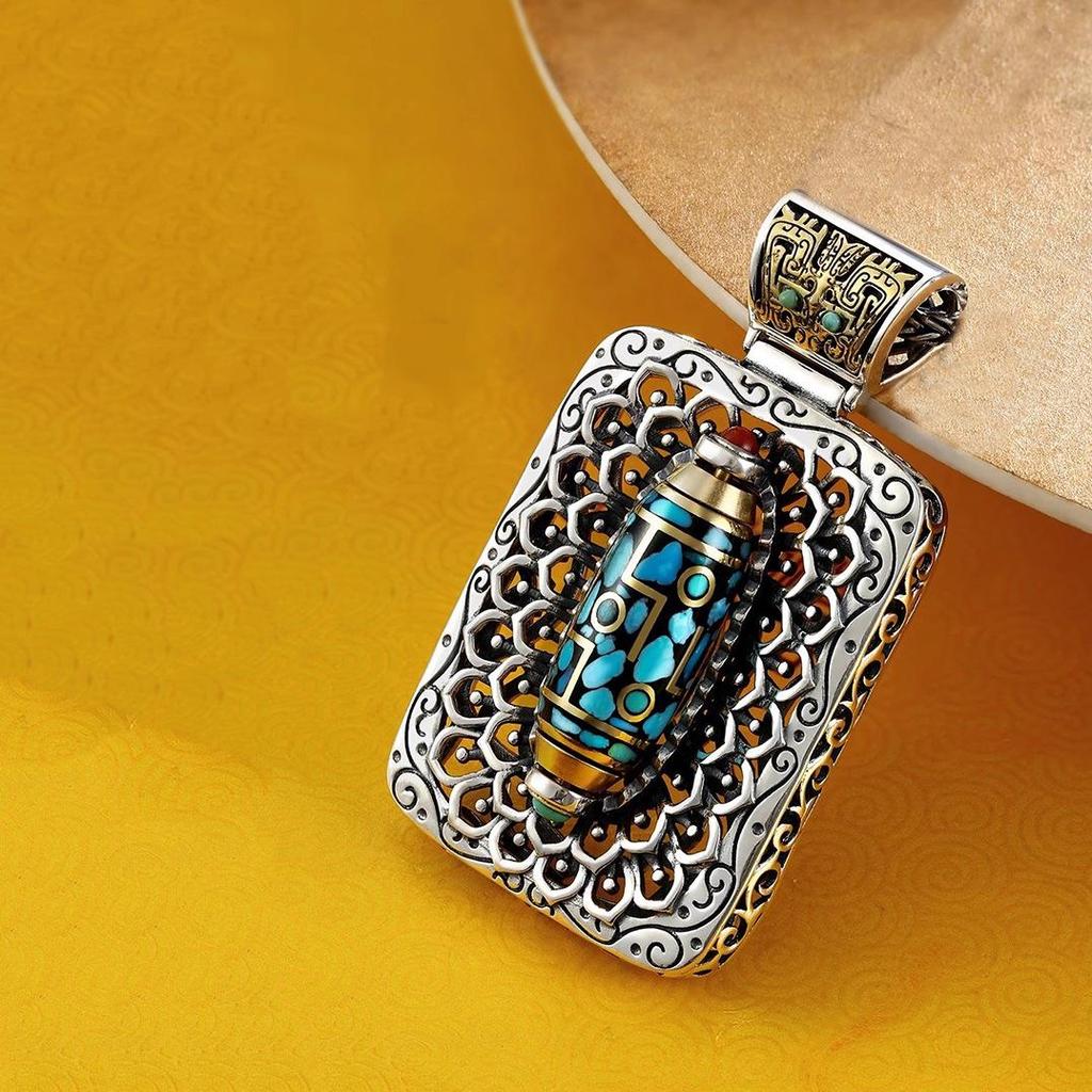 National Tibetan-Style Turquoise Nine-Eye Dzi Necklace with Dripping Glue Taotie Pendant for Men