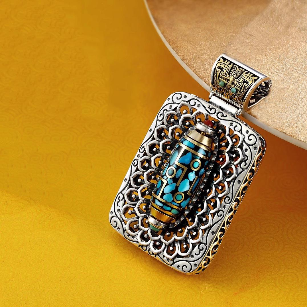 

Мужское тибетское бирюзовое ожерелье Дзи с подвеской Таоте - ретро-стиль