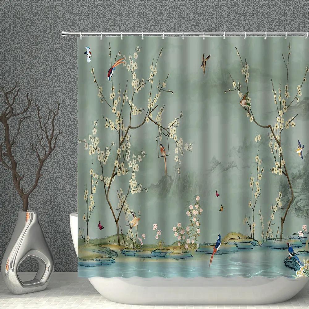 Chinese Flower And Bird Shower Curtain Green Plant Waterproof Cloth Polyester Bathroom  Curtains Home Suit With Hook
