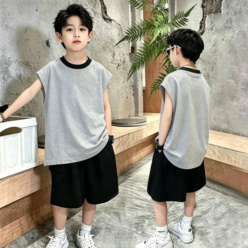 Boys' Color Block Cartoon Sleeveless Vest Set - 8-15 Years Trendy T-Shirt Two-Piece Summer Outfit