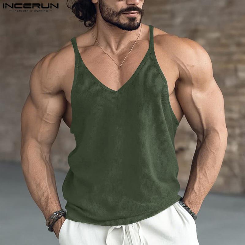 INCERUN Hauts à bretelles pour hommes Décontracté Col en V Sans manches Débardeurs Camisole unis