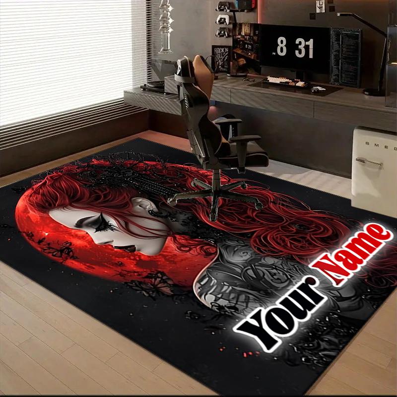 1PC Custom Name Gothic Red Hair Beauty Theme Floor Mat Ideal for Living Room, Game Rooms, Office, Bedroom,Floor Mat Playful Design1