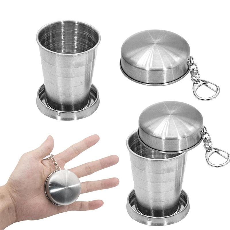 250ml Collapsible Travel Cup With Keychain 2pcs Stainless Steel Folding Camping Cup Portable Drinking Mug Travel Reusable Cups