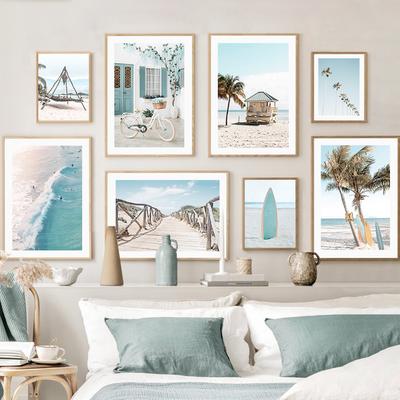Coconut Tree Surfboard Chalet Ocean Beach Landscape Wall Art Canvas Painting Nordic Poster Prints Wall Picture Living Room Decor
