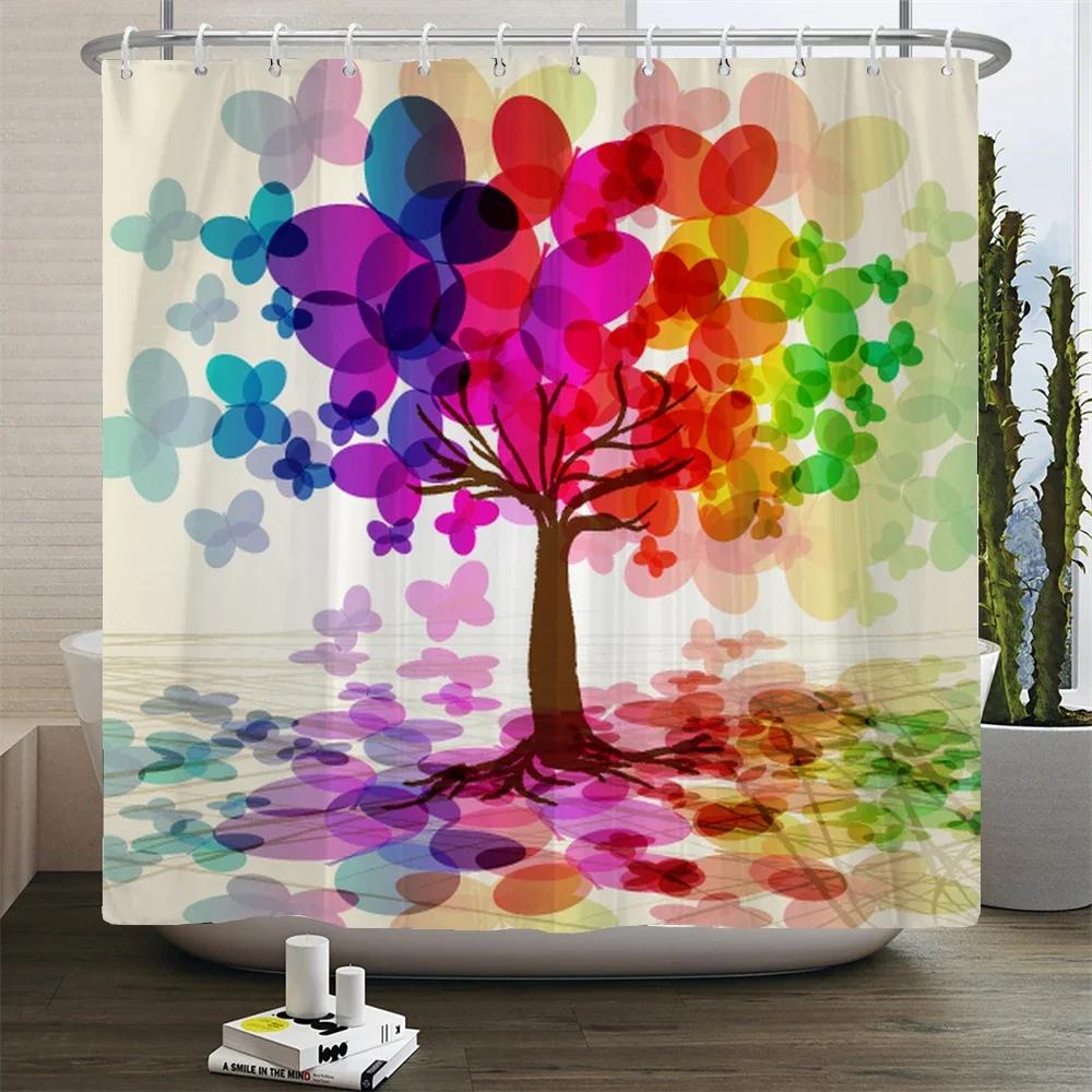 Stunning Watercolor Trees Print Water-resistant Shower Curtain with Artistic Design and Soft Colors for Vibrant Bathroom Decor