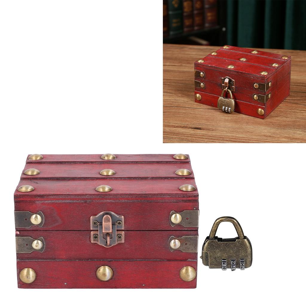 Vintage Wooden Storage Box 145x120x85mm Multifunctional Decorative Treasure Chest Box with 3 Bit Lock
