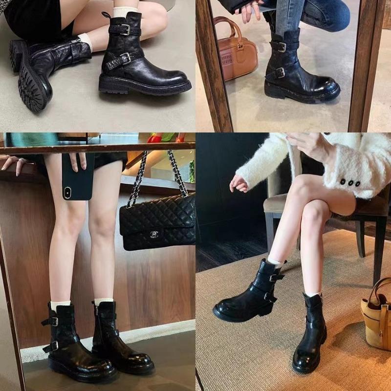 Washed cowhide leather retro short boots women's versatile and thin locomotive boots thick heel belt buckle Martin boots