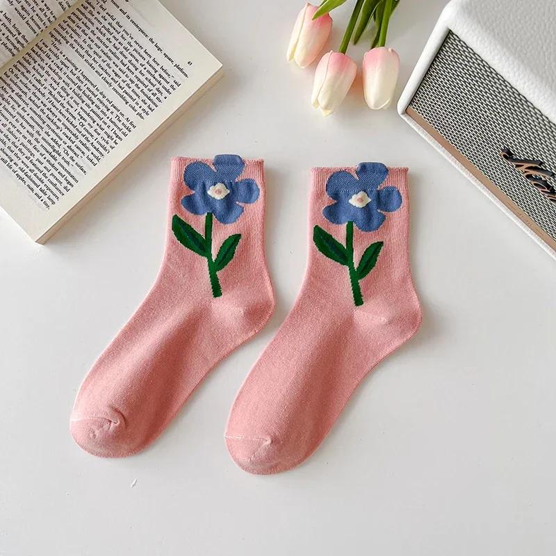 Women Socks Korean Japanese Style Cartoon Green Flower Harajuku Cute Kawaii Mid Tube Socks Breathable Casual Short  Cotton Socks