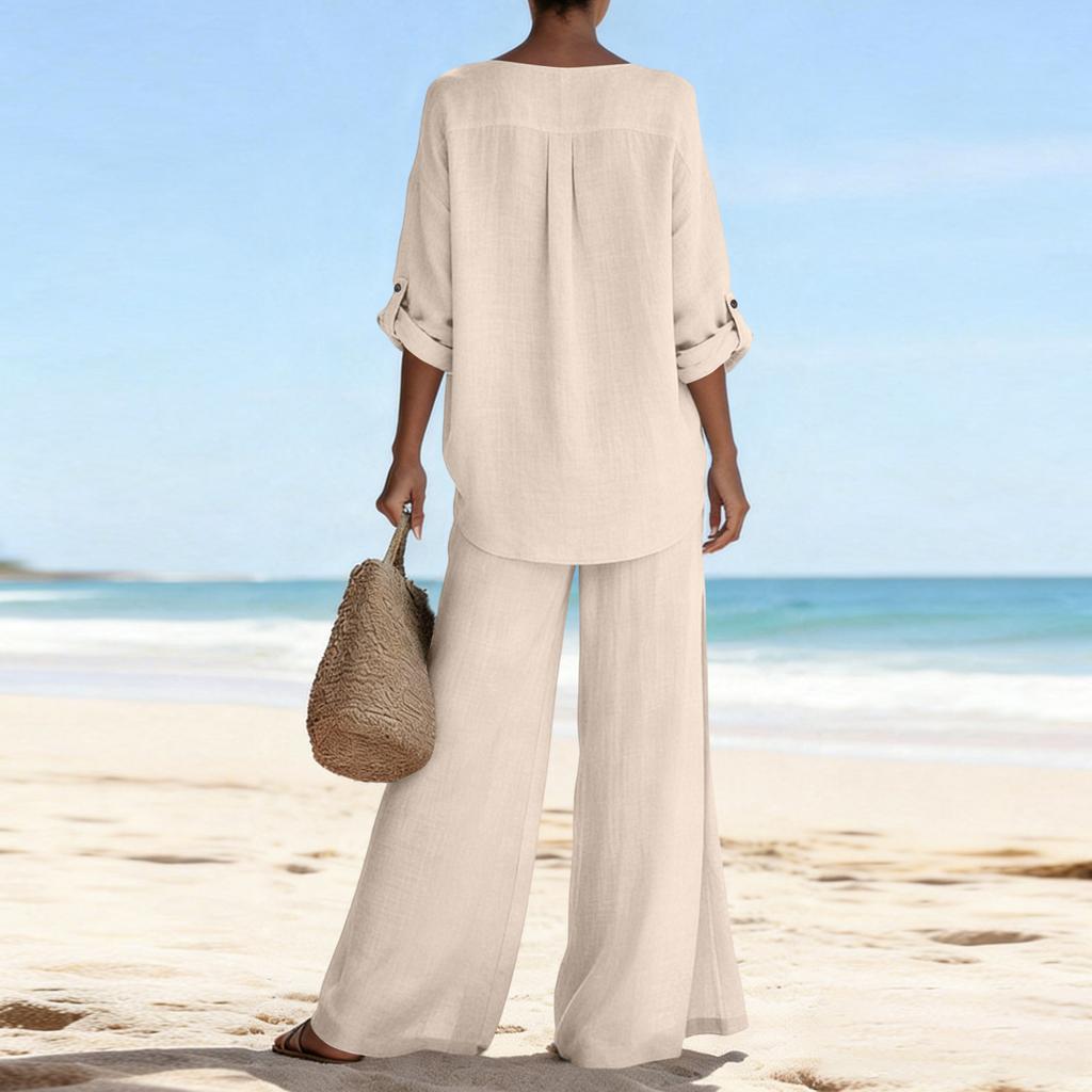 Women's Casual V-neck Long Sleeved Shirt Long Pants Two-piece Set