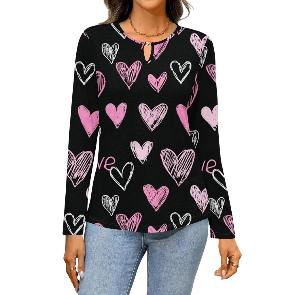 Women's Casual Round Neck Hollow,out Pullover Long Sleeve Valentine's Day Heart Print T,shirt Top