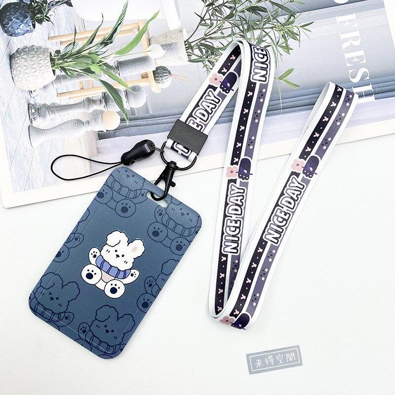 Estuche deslizante de dibujos animados Kawaii, etiqueta de identificación, funda para permiso de trabajo, funda con estampado de oso y conejo, soporte para tarjeta con nombre de permiso de trabajo