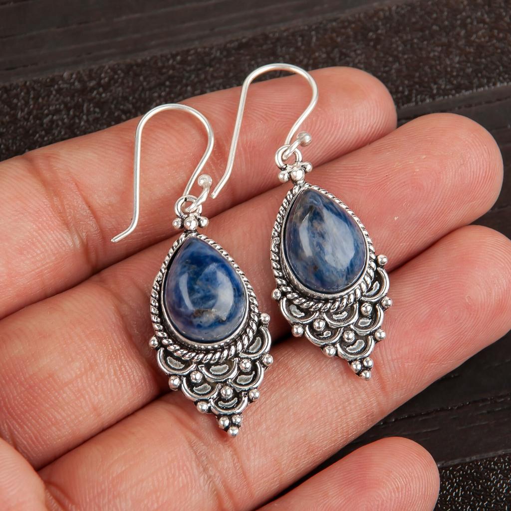 Natürlicher Sodalith Edelstein 925 Sterlingsilber Schmuck Handgefertigt Damen Ohrringe EE-85-29